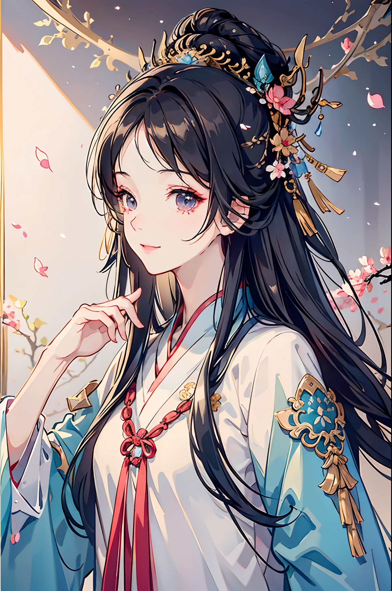 Extremely detailed Cg Unity 8K wallpaper, Masterpiece, Best quality pictures, [Beautiful oriental girl, petals, Antique hair accessories, Dynamic posture, Simple and clean background, volume light] Black hair, Hanfu, Smile