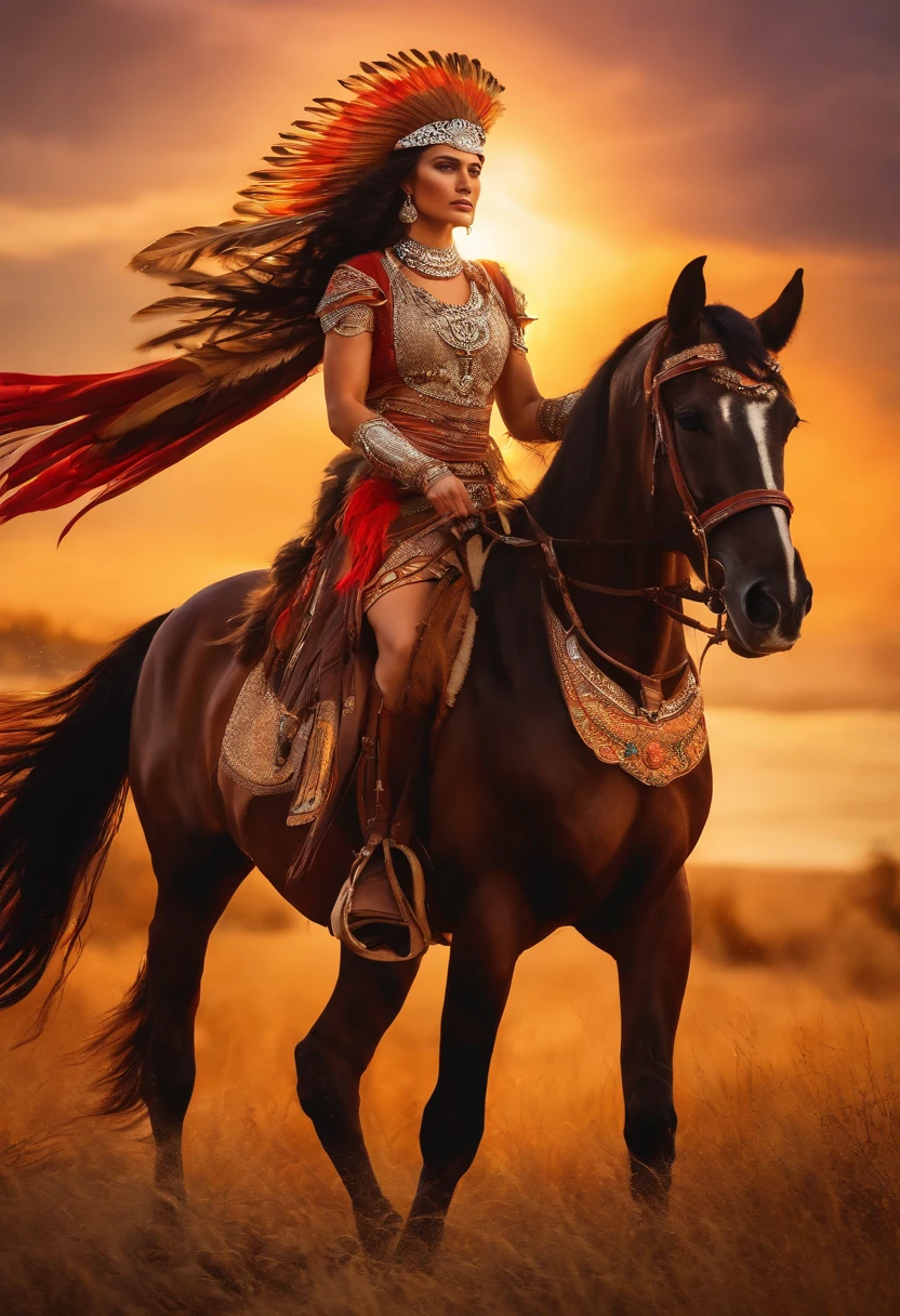 (best quality,realistic),traditional horse riding gear,historical setting,colorful jewelry,ornate headdress,flowing hair,strong and confident pose,beautiful landscape,proud expression,vibrant colors,rich cultural heritage,epic battle scene,warrior princess vibes,sunset lighting,feathers and beads.