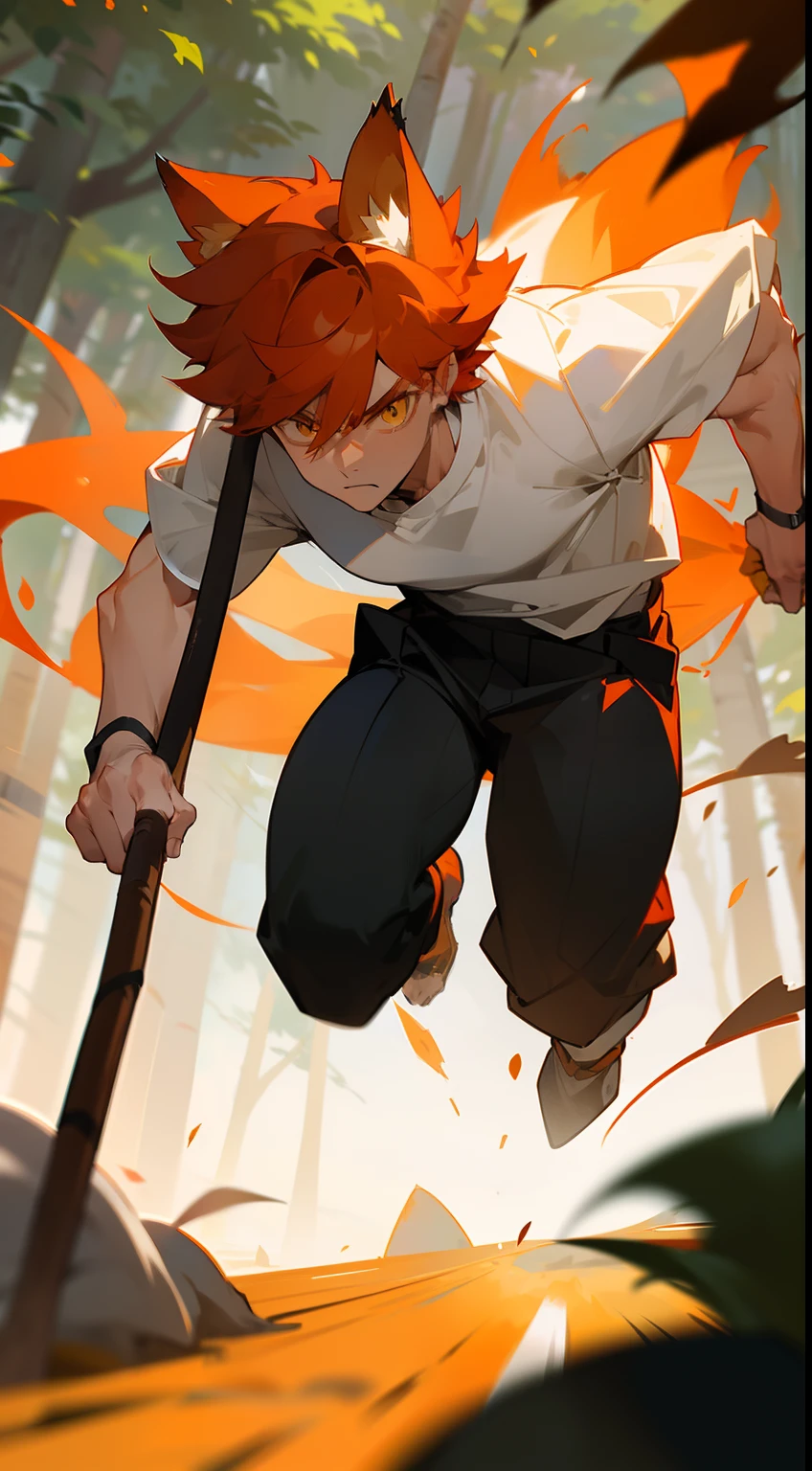 1boy,solo,20s,muscles,serious face,white shirt,black pants, Orange hair,short hair,yellow eyes,wolf ears,1wolf tail,(((running in front of a forest))),(((attacking with long stick of red magic)))