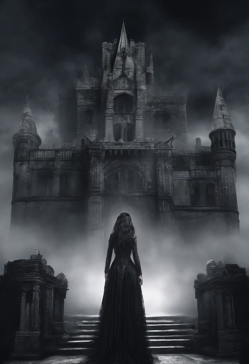 castle,vampire,moonlight,seductive woman,Indian beauty,illustration,gothic,ancient ruins,wispy smoke,black and white,ethereal,nighttime,starlit sky,ominous shadows,dramatic composition,high contrast,detail-oriented,exquisite details,vivid colors,dark atmosphere,romantic,enchanted,moonlit courtyard,mysterious aura,elaborate costumes,sharp edges,dramatic lighting,aesthetic,dark lips,flowing hair,mysterious gaze,long nails,imposing presence,majestic architecture,haunting,alluring,regal appearance,sensual and captivating,pale skin,deep eyes