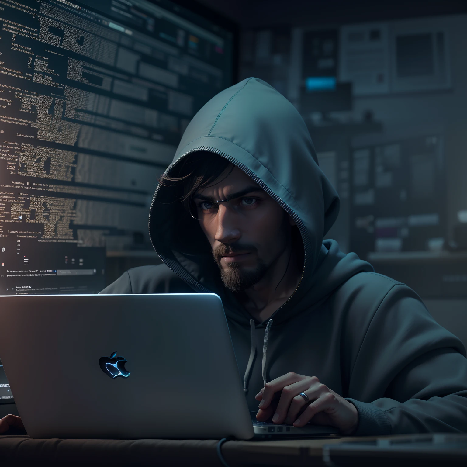 Generate a 3d image of a smart looking coder with a hoodie on working on a mac book pro sitting in a dark themed room
