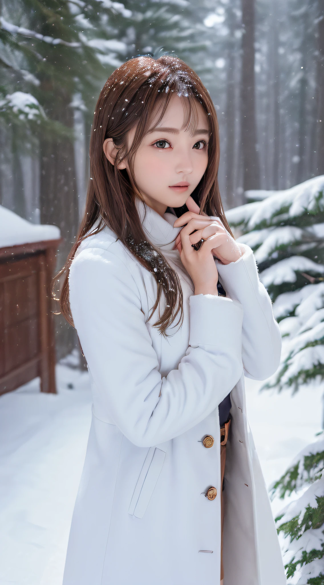 1womanl, (up of face:2.0), light brown hair, Blunt bangs, hair behind ear, hair over shoulder, Long hair, slender body shape, Ultra Fine Face, Thin face, Delicate lips, (beautidful eyes:1.5), thin blush, eyes are light brown,View here, Ultra-thin hands, Ultra-fine fingers, best ratio four finger and one thumb, (realisitic:1.3), white longcoat, muffler , gloves、Coniferous forest with heavy snowfall, It's snowing .One-person viewpoint, 8K, masutepiece, nffsw, Super Detail, High quality, Best Quality, hight resolution,