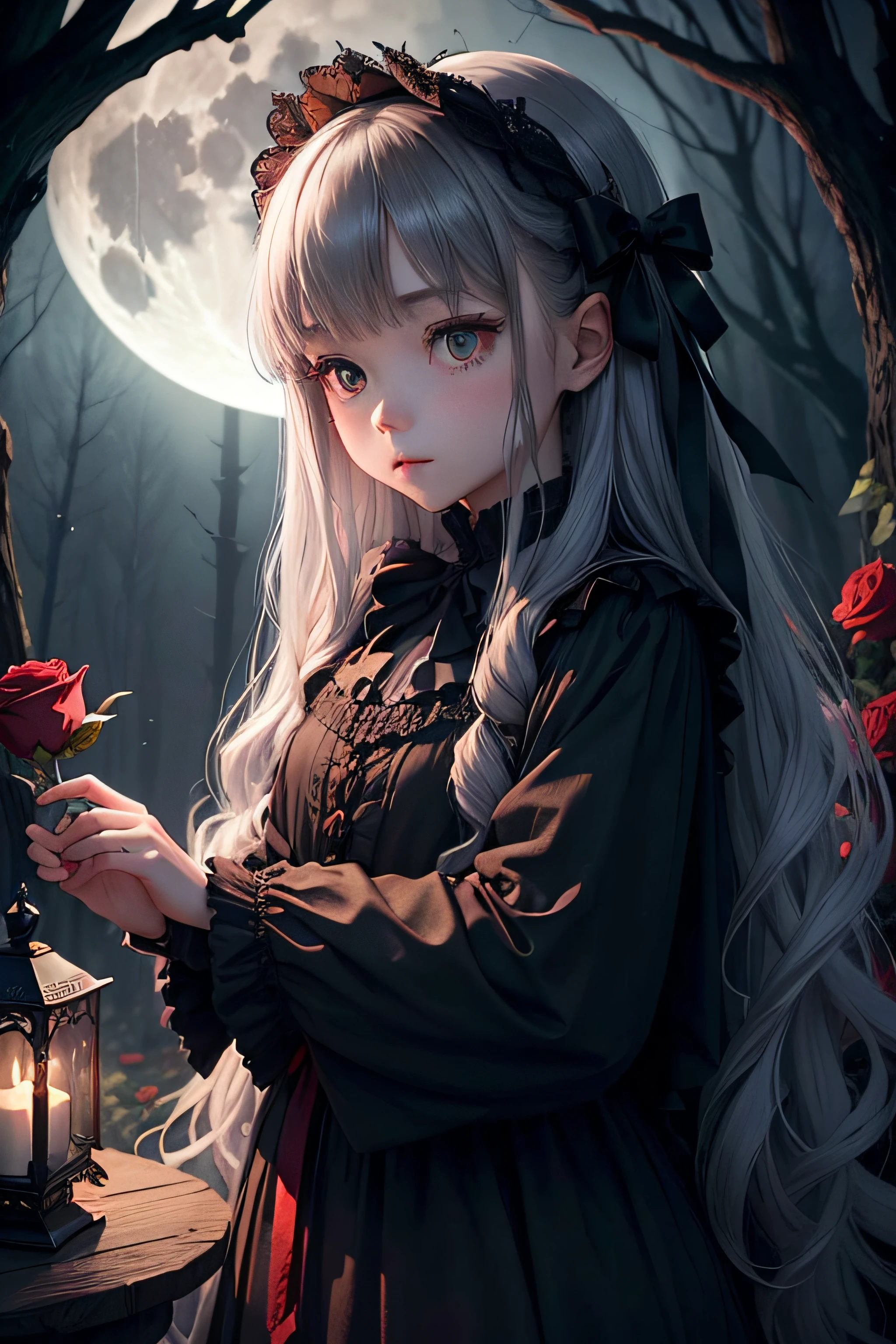 Dark and eerie forest、Full moon in the night sky、Scattering Red Roses、Bell Sleep、gothic lorita、Wide wrists、nobles、Big bright eyes、fleeting、bow ribbon、Straight Long Hair、Leprechaun