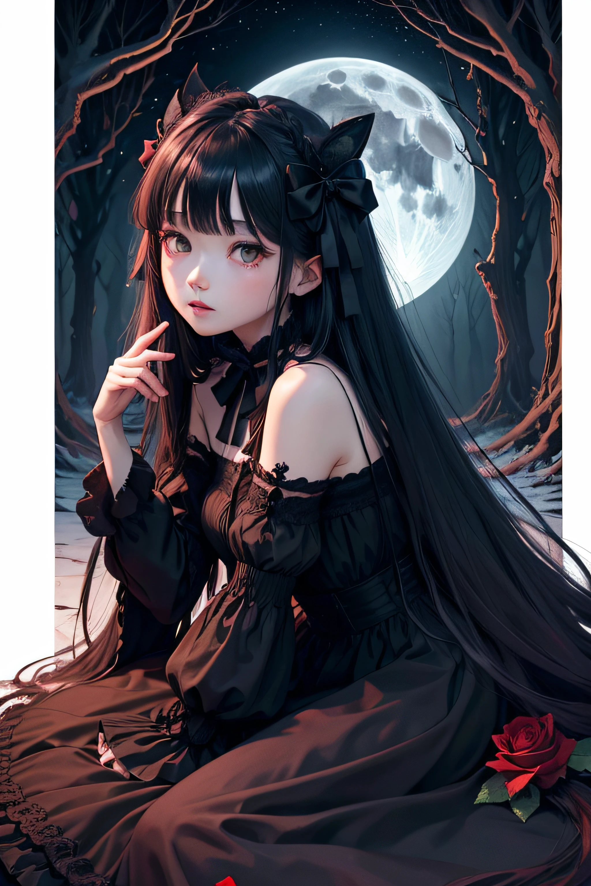 Dark and eerie forest、Full moon in the night sky、Scattering Red Roses、Bell Sleep、gothic lorita、Wide wrists、nobles、Big bright eyes、fleeting、bow ribbon、Straight Long Hair、