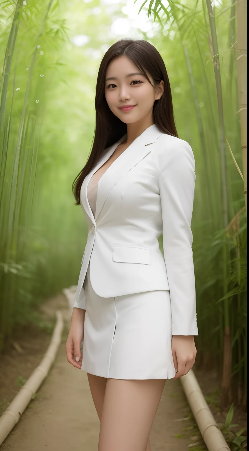 A smiling girl，While wearing a white Business suits，White tight skirt，Standing inside a bamboo forest，Side view，The hips are high，com rosto detalhado，The eyes are delicate，The photo quality is the best，Realistic image quality，Background diffuse lighting，Depth of field display。