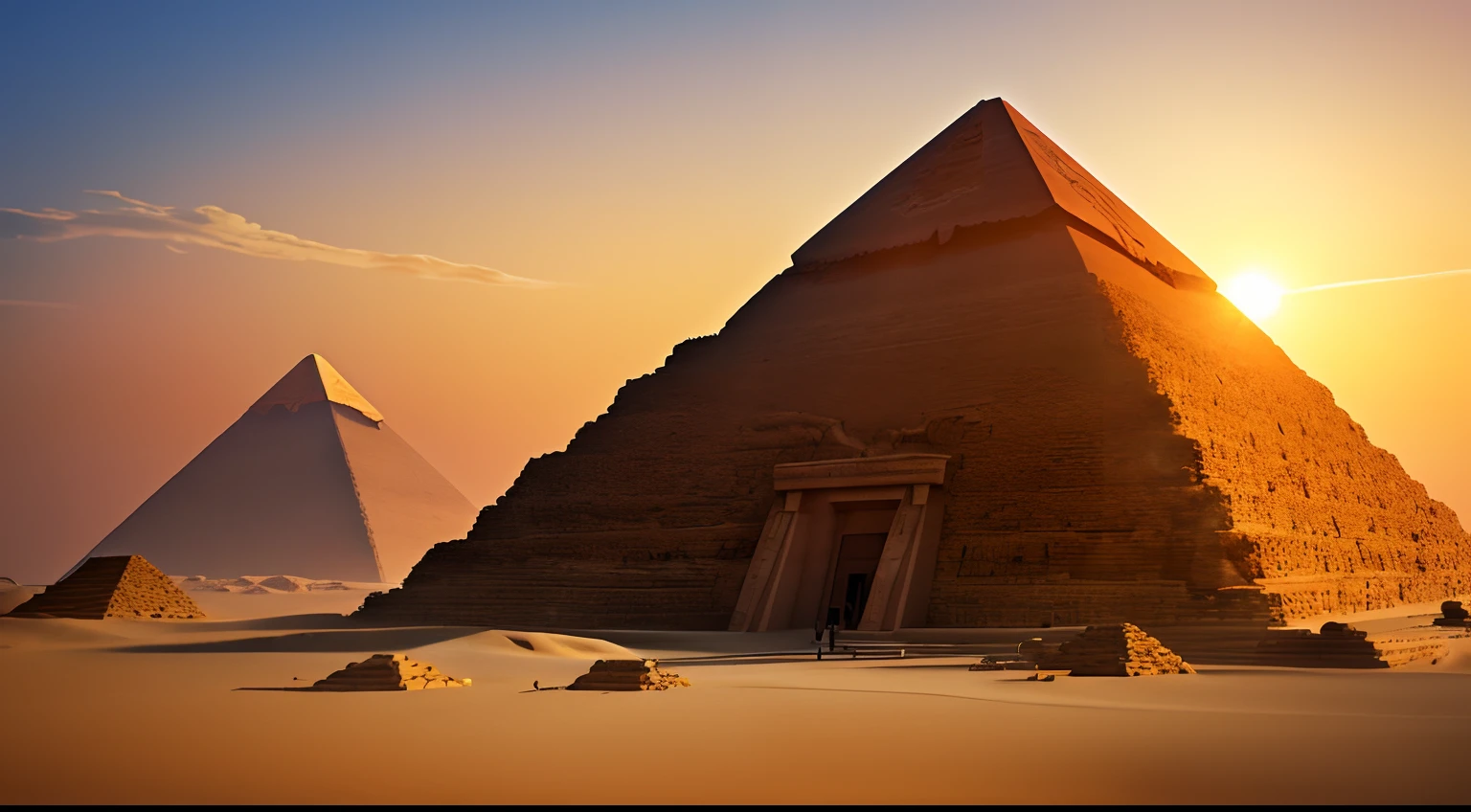 Arafed view of a pyramid with a ray of sun in the background, great pyramid of giza, pyramid ruins at sundown, pyramids of egypt, ancient pyramid, pyramids of giza, ancient megastructure pyramid, Egito, egyptian setting, do Egito, pyramid, colorful ancient egyptian city, Egyptian, majestoso antigo, Egito Antigo, egyptian atmosphere, pyramid surrounded by vegetation