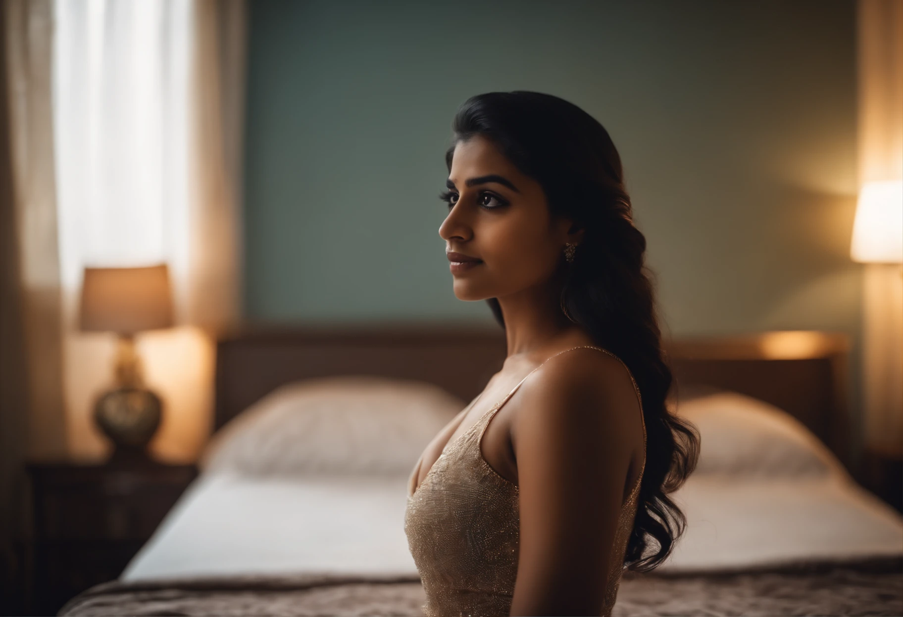 Indian girl wearing see through bodycon dress in a bedroom