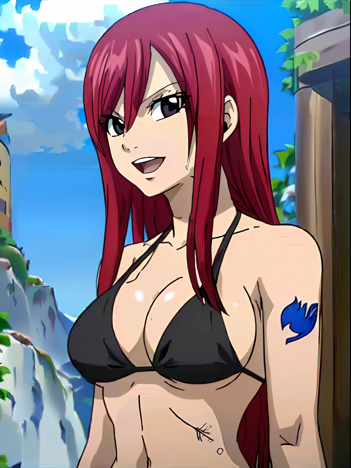Scarlet erza, (tiny black bikini only), adult woman, big breasts, standing, cowboy shot, best quality, ((right shoulder)), slightly strong arms, looking at viewer, left shoulder tattoo, big smile, perfect body, feeling pain, open mouth