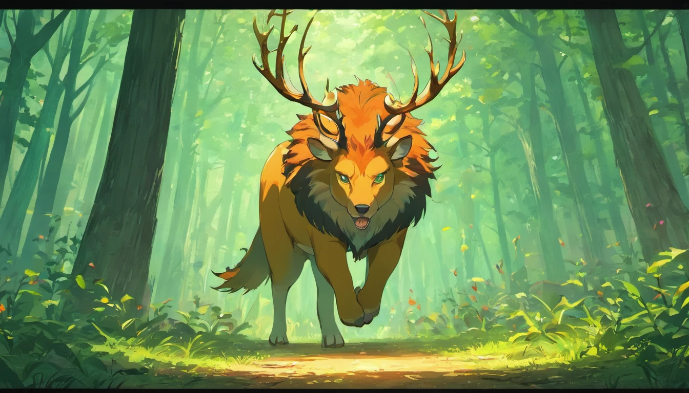A afraid deer run in forest, hudge fire in forest, forest burned out, running all animals, elephant, deer, jackle, lion, tiger, Birds, parrot, crow, peacock, hud hud bird, dark cloudy environment, morden anime style
