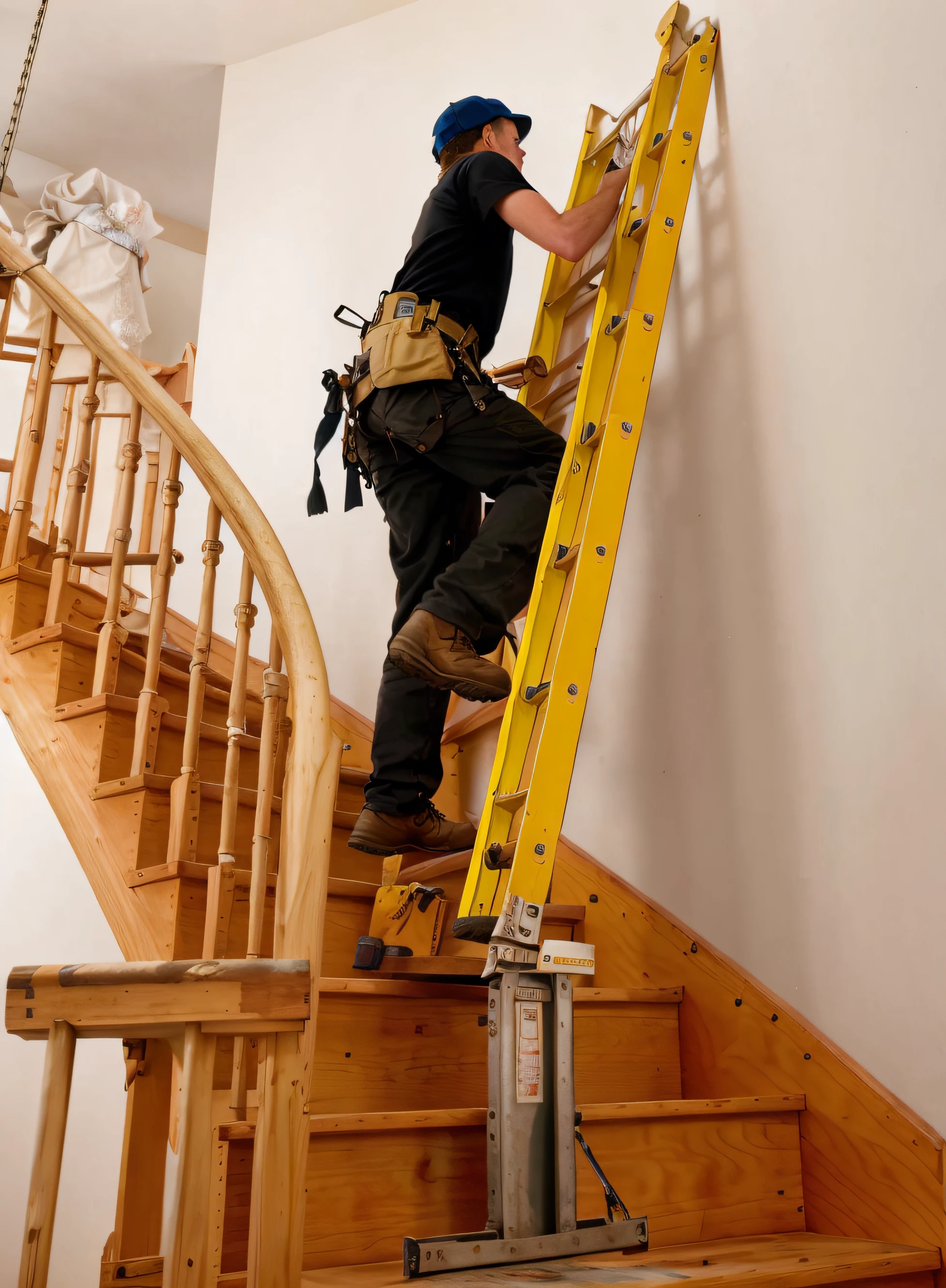 arafed man on a ladder climbing up a set of stairs, standing on a ladder, professional work, ladder, ladders, fine workmanship, professional painting, maintenance photo, diy, professionally, very professional, coming down the stairs, carpenter, professional, installation, fine professional photo, climber, maintenance, professionally done, painters, professional image, !!award-winning!!