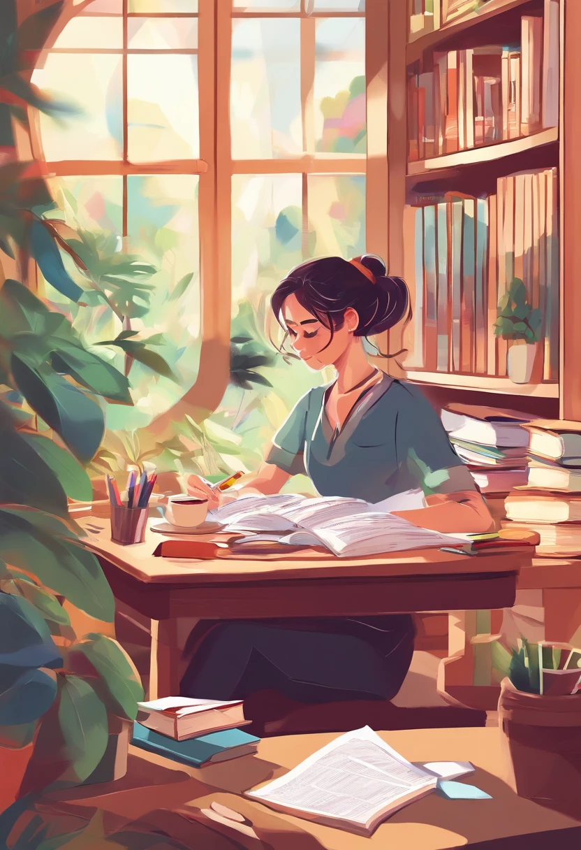 A girl studying till death to reach her goal,dream college,(best quality,4k,8k,high-res,masterpiece:1.2),ultra-detailed,(realistic,photorealistic,photo-realistic:1.37),portrait,student,female,beautiful detailed eyes,beautiful detailed lips,determined expression,studying in a library,surrounded by piles of books and notebooks,wearing glasses,holding a pen,concentrated look,notes and highlighters on the desk,coffee mug with steam,Ivy League atmosphere,bookshelves filled with academic books,wooden study desk,soft natural lighting,sunlight streaming in through the window,calm and serene atmosphere,vivid colors,decorative plants,inspiring quotes on the wall,quiet and peaceful surroundings,leafy trees outside the window,collages of inspiring pictures and maps on the wall,textbooks of various subjects,dreamy look in her eyes,hardworking and dedicated,overcoming challenges,striving for success,taking online courses,late-night study sessions,focused and motivated,intellectual atmosphere.