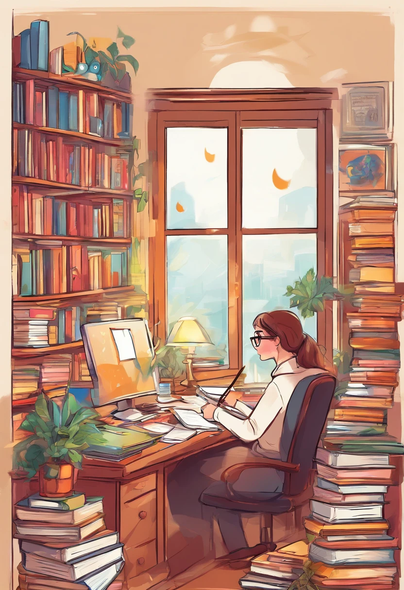 A girl studying till death to reach her goal,dream college,(best quality,4k,8k,high-res,masterpiece:1.2),ultra-detailed,(realistic,photorealistic,photo-realistic:1.37),portrait,student,female,beautiful detailed eyes,beautiful detailed lips,determined expression,studying in a library,surrounded by piles of books and notebooks,wearing glasses,holding a pen,concentrated look,notes and highlighters on the desk,coffee mug with steam,Ivy League atmosphere,bookshelves filled with academic books,wooden study desk,soft natural lighting,sunlight streaming in through the window,calm and serene atmosphere,vivid colors,decorative plants,inspiring quotes on the wall,quiet and peaceful surroundings,leafy trees outside the window,collages of inspiring pictures and maps on the wall,textbooks of various subjects,dreamy look in her eyes,hardworking and dedicated,overcoming challenges,striving for success,taking online courses,late-night study sessions,focused and motivated,intellectual atmosphere.
