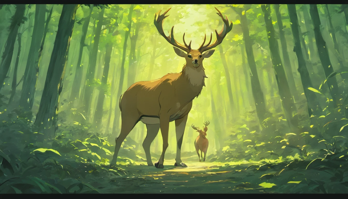 A afraid deer run in forest, hudge fire in forest, forest burned out, running every where all afraid animals, elephant, deer, jackle, lion, tiger, Birds, parrot, crow, peacock, hud hud bird, dark cloudy environment, morden anime style