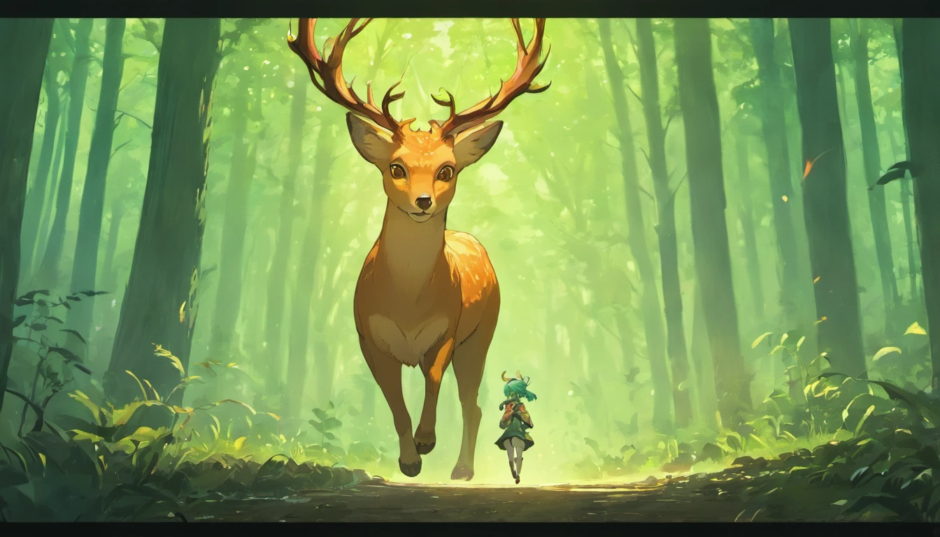 A afraid deer run in forest, hudge fire in forest, forest burned out, running every where all afraid animals, elephant, deer, jackle, lion, tiger, Birds, parrot, crow, peacock, hud hud bird, dark cloudy environment, morden anime style