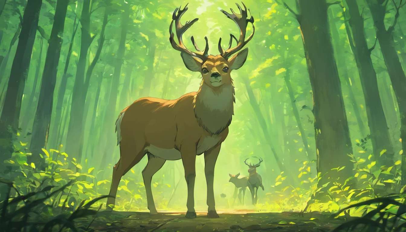 A afraid deer run in forest, hudge fire in forest, forest burned out, running every where all afraid animals, elephant, deer, jackle, lion, tiger, Birds, parrot, crow, peacock, hud hud bird, dark cloudy environment, morden anime style