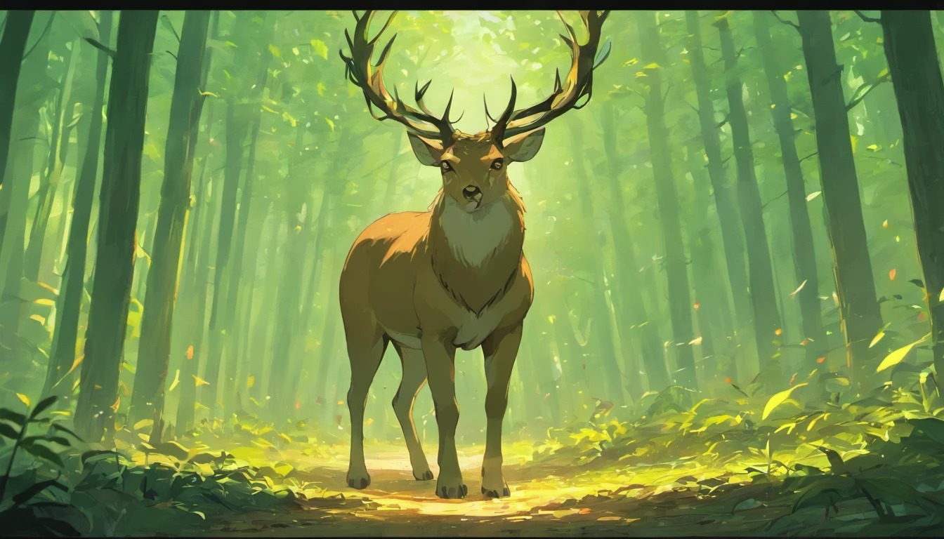 A afraid deer run in forest, hudge fire in forest, forest burned out, running every where all afraid animals, elephant, deer, jackle, lion, tiger, Birds, parrot, crow, peacock, hud hud bird, dark cloudy environment, morden anime style