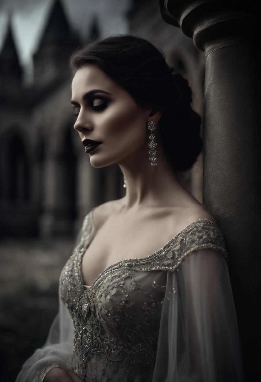 castle,vampire,moonlight,seductive woman,Indian beauty,illustration,gothic,ancient ruins,wispy smoke,black and white,ethereal,nighttime,starlit sky,ominous shadows,dramatic composition,high contrast,detail-oriented,exquisite details,vivid colors,dark atmosphere,romantic,enchanted,moonlit courtyard,mysterious aura,elaborate costumes,sharp edges,dramatic lighting,aesthetic,dark lips,flowing hair,mysterious gaze,long nails,imposing presence,majestic architecture,haunting,alluring,regal appearance,sensual and captivating,pale skin,deep eyes