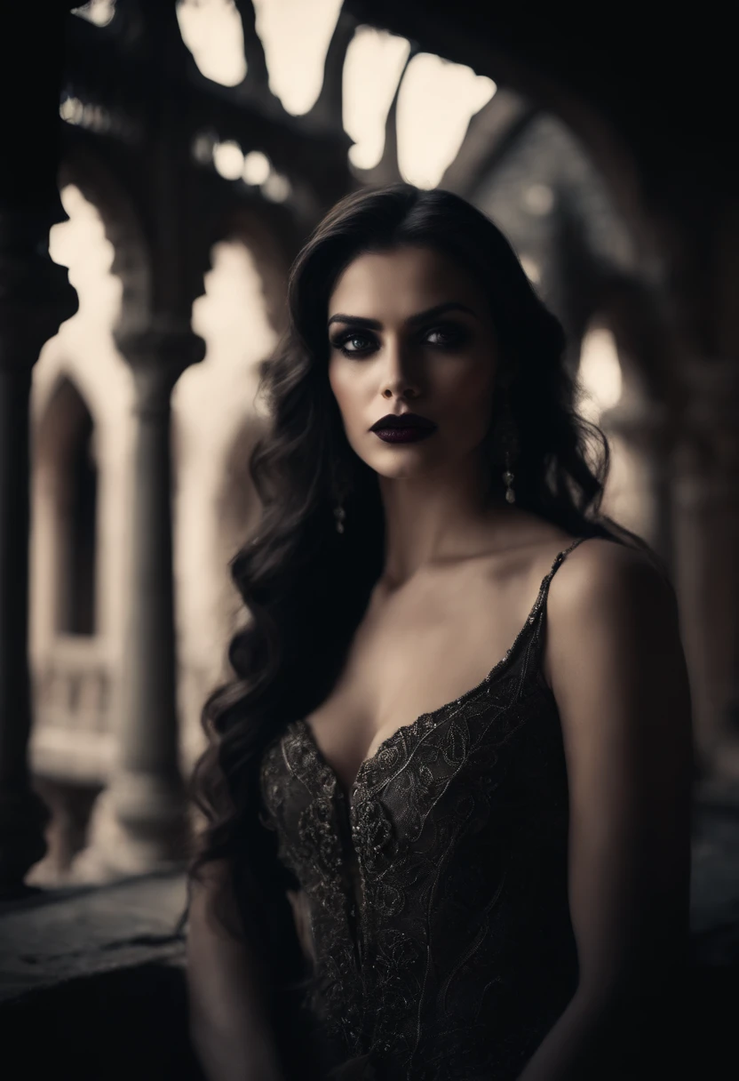 castle,vampire,moonlight,seductive woman,Indian beauty,illustration,gothic,ancient ruins,wispy smoke,black and white,ethereal,nighttime,starlit sky,ominous shadows,dramatic composition,high contrast,detail-oriented,exquisite details,vivid colors,dark atmosphere,romantic,enchanted,moonlit courtyard,mysterious aura,elaborate costumes,sharp edges,dramatic lighting,aesthetic,dark lips,flowing hair,mysterious gaze,long nails,imposing presence,majestic architecture,haunting,alluring,regal appearance,sensual and captivating,pale skin,deep eyes