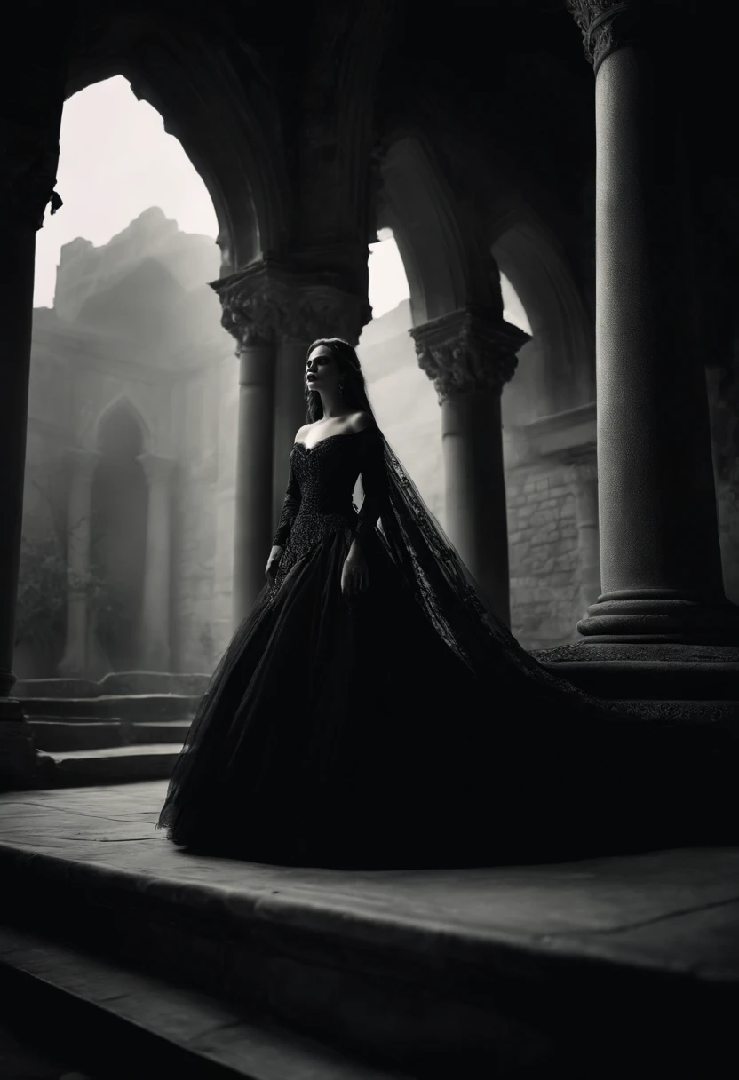 castle,vampire,moonlight,seductive woman,Indian beauty,illustration,gothic,ancient ruins,wispy smoke,black and white,ethereal,nighttime,starlit sky,ominous shadows,dramatic composition,high contrast,detail-oriented,exquisite details,vivid colors,dark atmosphere,romantic,enchanted,moonlit courtyard,mysterious aura,elaborate costumes,sharp edges,dramatic lighting,aesthetic,dark lips,flowing hair,mysterious gaze,long nails,imposing presence,majestic architecture,haunting,alluring,regal appearance,sensual and captivating,pale skin,deep eyes