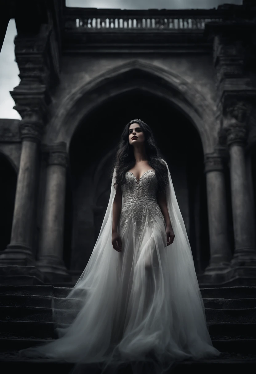 castle,vampire,moonlight,seductive woman,Indian beauty,illustration,gothic,ancient ruins,wispy smoke,black and white,ethereal,nighttime,starlit sky,ominous shadows,dramatic composition,high contrast,detail-oriented,exquisite details,vivid colors,dark atmosphere,romantic,enchanted,moonlit courtyard,mysterious aura,elaborate costumes,sharp edges,dramatic lighting,aesthetic,dark lips,flowing hair,mysterious gaze,long nails,imposing presence,majestic architecture,haunting,alluring,regal appearance,sensual and captivating,pale skin,deep eyes