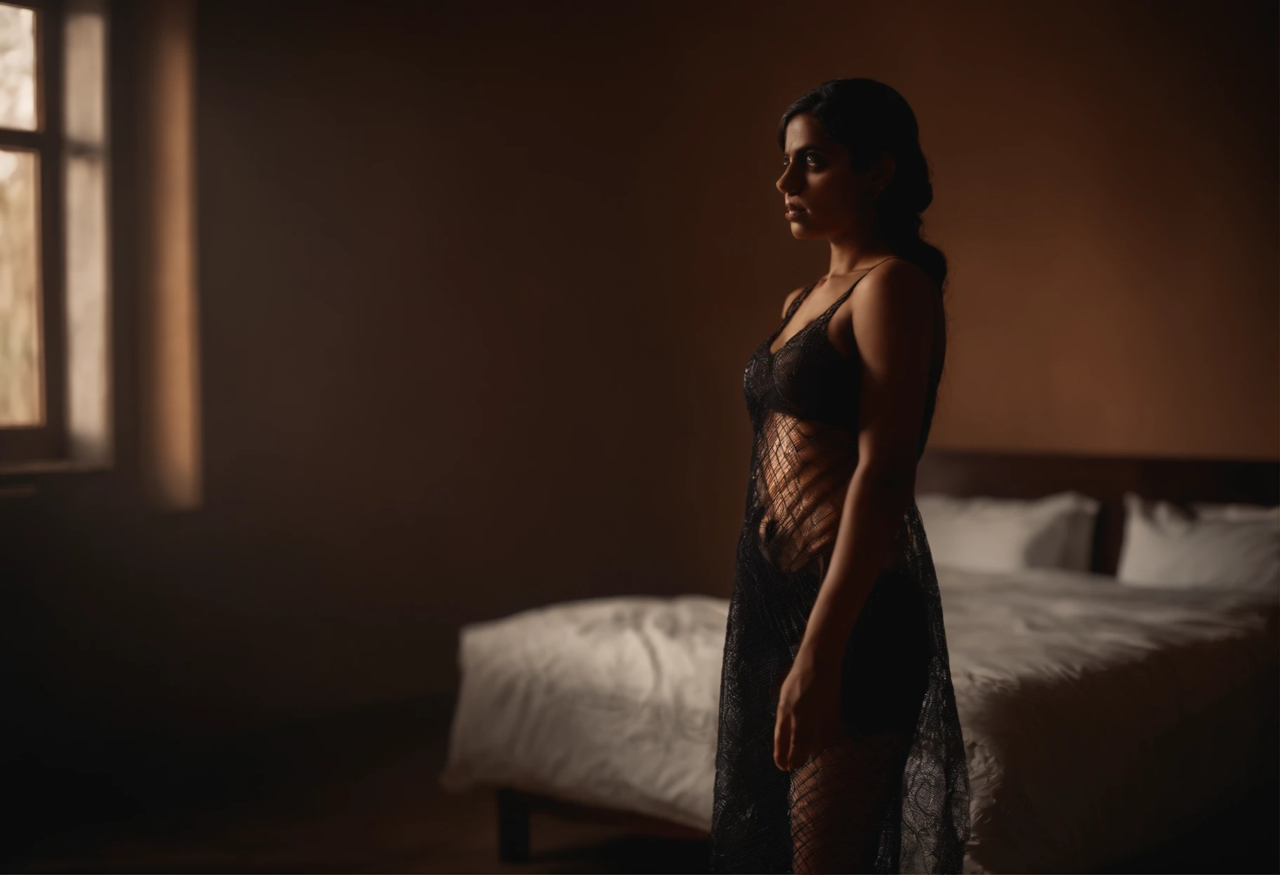 Indian girl wearing fishnet dress with visible nipples in a bedroom (full body shot,
