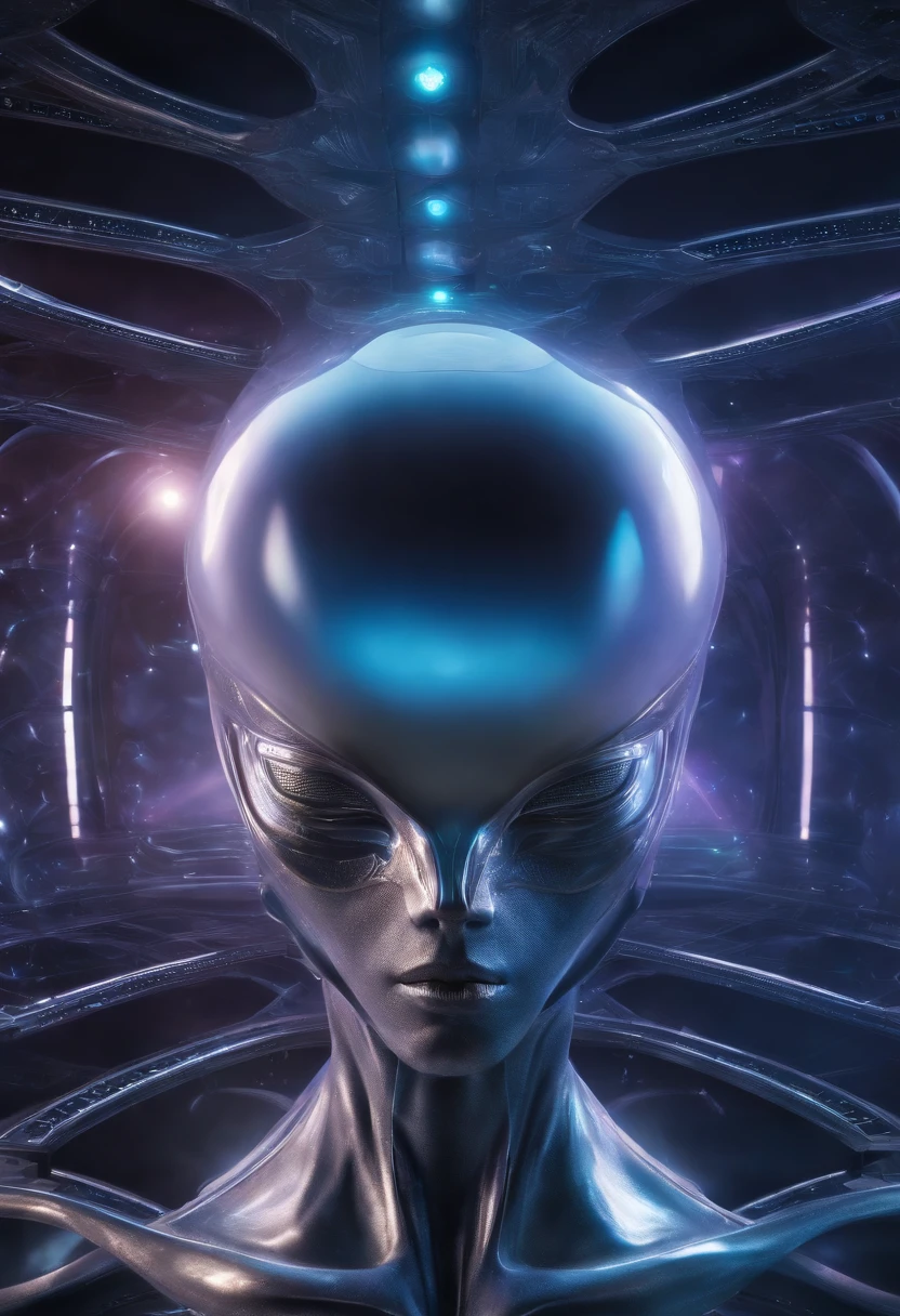 Close-up of an alien male being, Elongated Head, olhos grandes, queixo pequeno, nariz pequeno, boca pequena, olhos amendoados levemente puxados, Slightly elongated head, cor da pelo e branco albino, corpo esguio, alto 2,98 roupas similar a de surfista ( traje futurista) Aspect of happy Futuristic clocks forming a similar quantum holography holographic computer, cybernetic codes link this computer to this universal conciential network, being is in the desert bottom pyramids