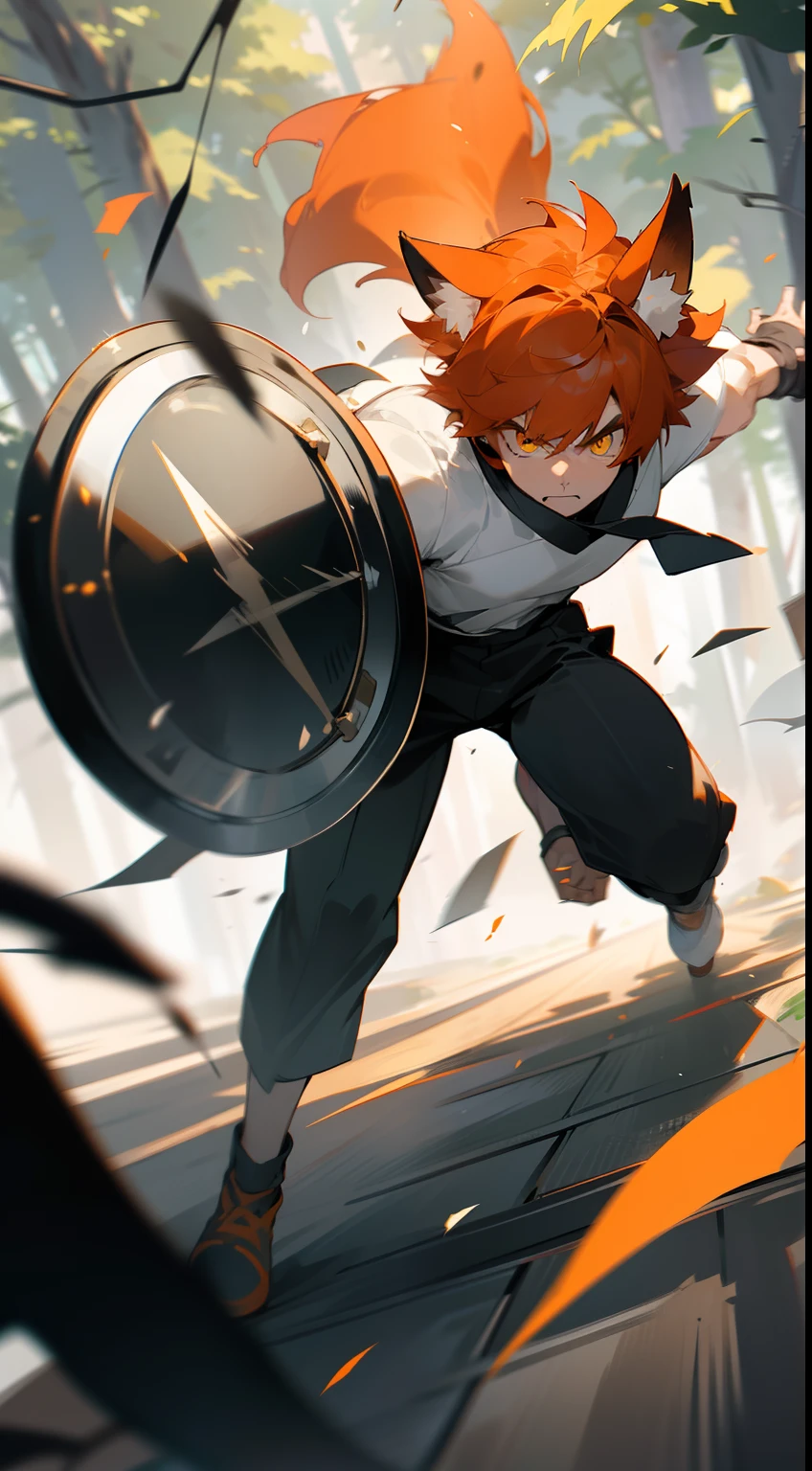 1boy,solo,20s,muscles,serious face,white shirt,black pants, Orange hair,short hair,yellow eyes,wolf ears,1wolf tail,(((running in front of a forest))),(((attacking holding an black shield)))