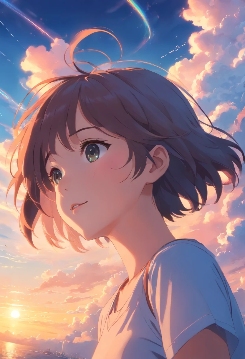 masterpiece, best quality, movie still, 1girl, cloud girl, floating in the sky, close-up, bright, happy, warm soft lighting, sunset, (sparks:0.7)