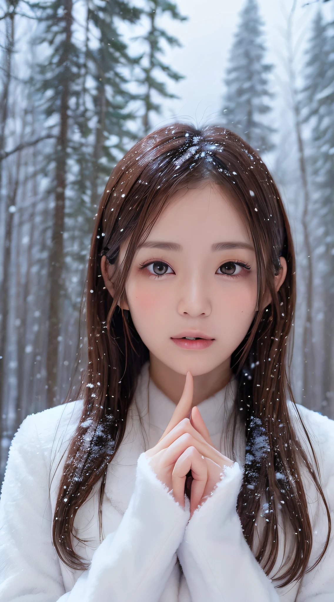 1womanl, (up of face:2.0), light brown hair, Blunt bangs, hair behind ear, hair over shoulder, Long hair, Ultra Fine Face, Thin face, Delicate lips, (beautidful eyes:1.5), thin blush, eyes are light brown,View here, Ultra-thin hands, Ultra-fine fingers, best ratio four finger and one thumb, white longcoat, muffler , gloves、Coniferous forest with heavy snowfall, It's snowing  .One-person viewpoint,  8K, masutepiece, nffsw, Super Detail, High quality, Best Quality, hight resolution,