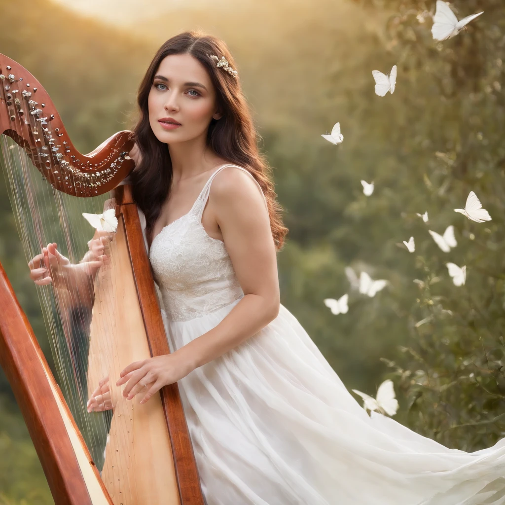 (best quality,highres:1.2),realistic,sunlit beautiful woman with dark hair wearing a white dress playing a harp, surrounded by butterflies, standing on a mountain