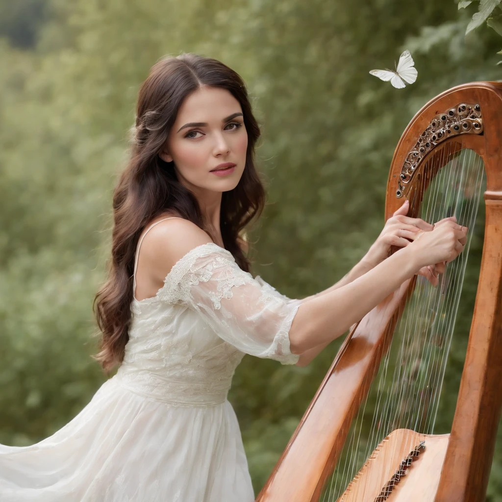 (best quality,highres:1.2),realistic,sunlit beautiful woman with dark hair wearing a white dress playing a harp, surrounded by butterflies, standing on a mountain