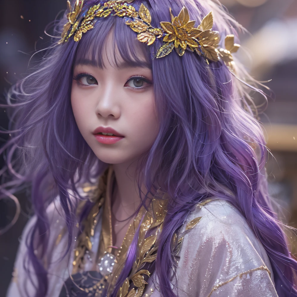 Genki Girl 32K（tmasterpiece，k hd，hyper HD，32K）Long flowing bright purple hair，Autumn Pond，zydink， a color， Asian people （Genki girl）， （Silk scarf）， Combat posture， looking at the ground， long whitr hair， Floating bright purple， Fire cloud pattern gold tiara， Chinese long-sleeved gold silk garment， （Abstract metaverse splash：1.2）， white backgrounid，Lotus vitality protector（realisticlying：1.4），Bright purple hair，Smoke on the road，The background is pure， A high resolution， the detail， RAW photogr， Sharp Re， Nikon D850 Film Stock Photo by Jefferies Lee 4 Kodak Portra 400 Camera F1.6 shots, Rich colors, ultra-realistic vivid textures, Dramatic lighting, Unreal Engine Art Station Trend, cinestir 800，A girl with long flowing bright purple hair