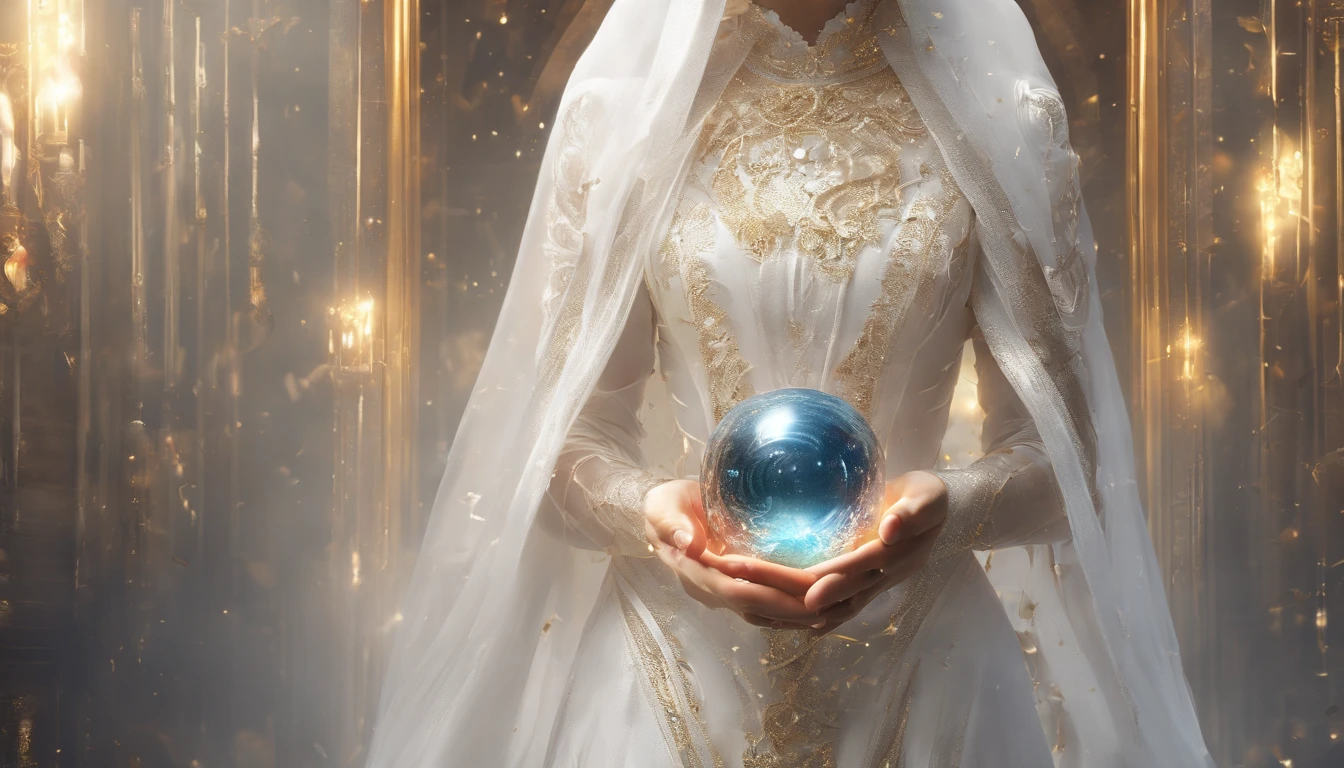 Beautiful woman in white veil holding a magic ball, Exquisite costume with exquisite gilded ornament, perfect arms, Perfect fingers, covered eyes, Glossy, Magic portal Magic rings in the background, Gold coins sparkle, dust particles, Detail the entire scene, Beautiful, Professional photo, haute couture, aesthetic, Realistic, 4k, soft-lighting, High Resolution, Focus the entire scene, shine, sharpness, high detail
