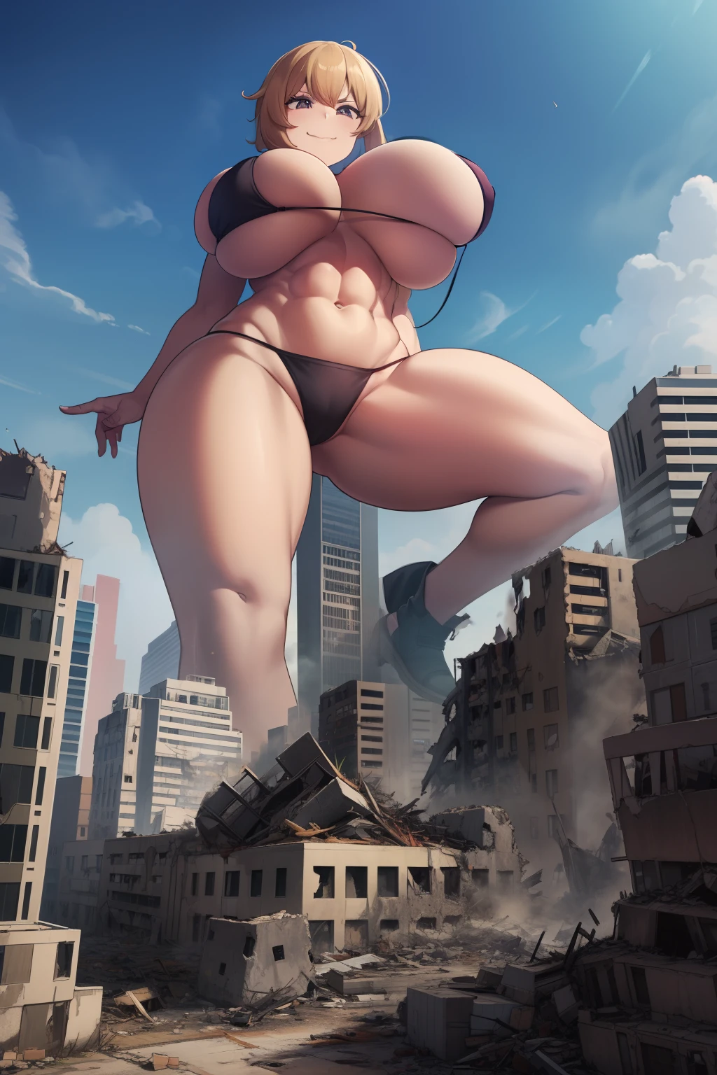 giantess in a destroyed city, (GTS), macro, aerial view, from_above, (buildingseat), ((rampage)), ((destruction)), bikini, giantess, legs crossed, (masterpiece), ((full_body)), footprints, ((gigantic_breasts)), facing_viewer, wide_shot, tiny buildings along the bottom of frame, abs, smirk, smug, crushing, explosion