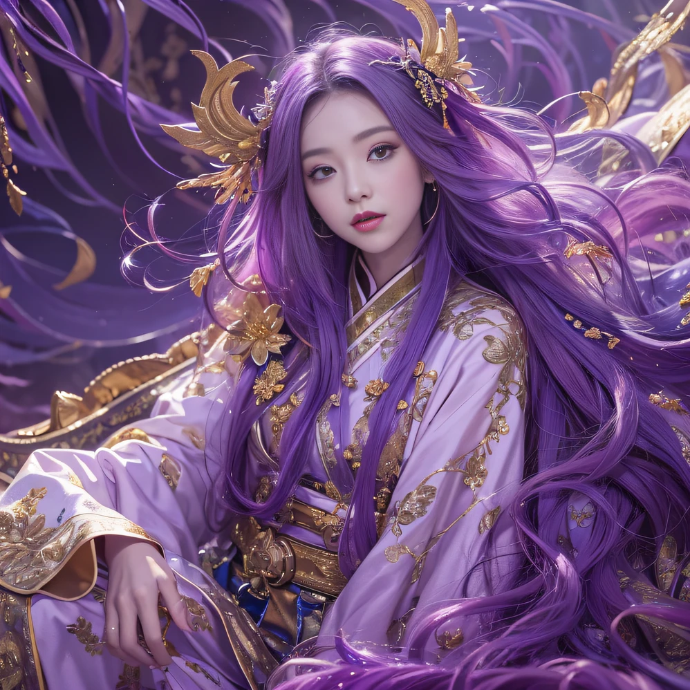 Genki Girl 32K(tmasterpiece,k hd,hyper HD,32K)Long flowing bright purple hair,Autumn Pond,zydink, a color, Asian people (Genki girl), (Silk scarf), Combat posture, looking at the ground, long whitr hair, Floating bright purple, Fire cloud pattern gold tiara, Chinese long-sleeved gold silk garment, (Abstract metaverse splash:1.2), white backgrounid,Lotus vitality protector(realisticlying:1.4),Bright purple hair,Smoke on the road,The background is pure, A high resolution, the detail, RAW photogr, Sharp Re, Nikon D850 Film Stock Photo by Jefferies Lee 4 Kodak Portra 400 Camera F1.6 shots, Rich colors, ultra-realistic vivid textures, Dramatic lighting, Unreal Engine Art Station Trend, cinestir 800,A girl with long flowing bright purple hair