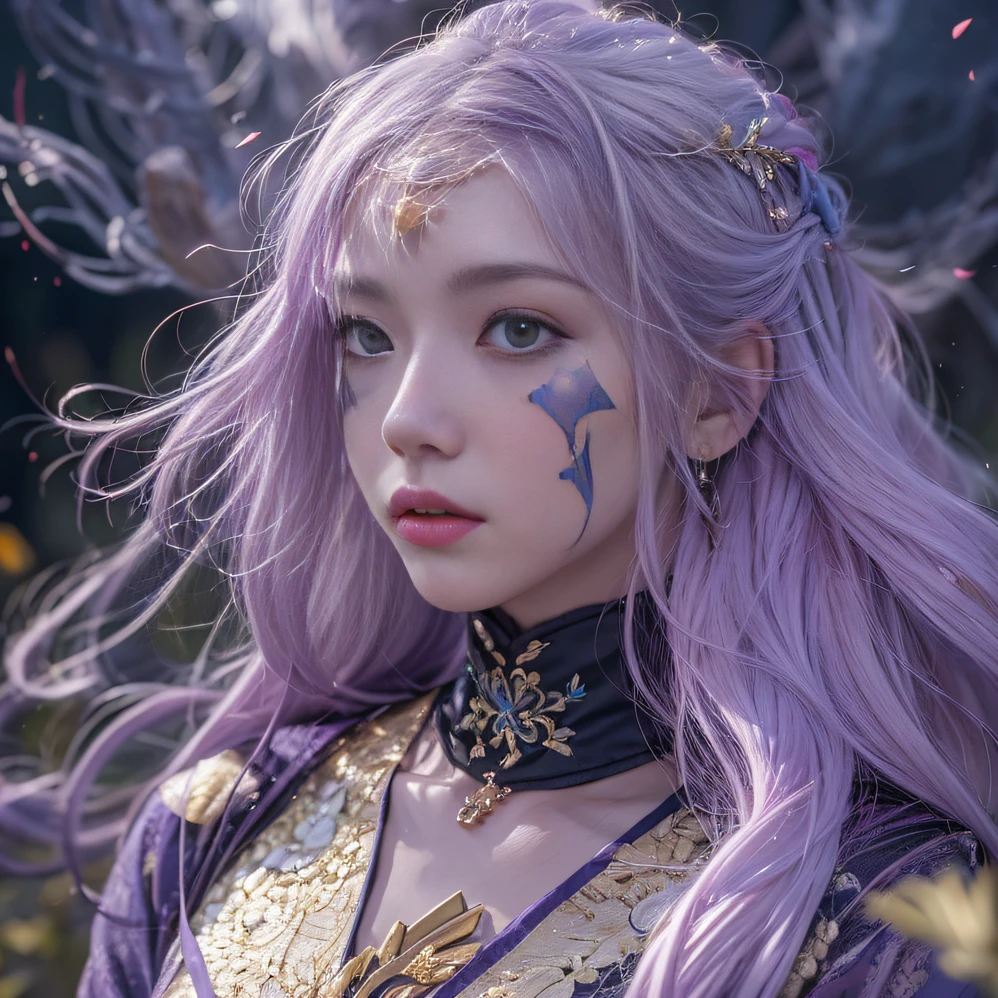 Genki Girl 32K（tmasterpiece，k hd，hyper HD，32K）Long flowing bright purple hair，Autumn Pond，zydink， a color， Asian people （Genki girl）， （Silk scarf）， Combat posture， looking at the ground， long whitr hair， Floating bright purple， Fire cloud pattern gold tiara， Chinese long-sleeved gold silk garment， （Abstract metaverse splash：1.2）， white backgrounid，Lotus vitality protector（realisticlying：1.4），Bright purple hair，Smoke on the road，The background is pure， A high resolution， the detail， RAW photogr， Sharp Re， Nikon D850 Film Stock Photo by Jefferies Lee 4 Kodak Portra 400 Camera F1.6 shots, Rich colors, ultra-realistic vivid textures, Dramatic lighting, Unreal Engine Art Station Trend, cinestir 800，A girl with long flowing bright purple hair