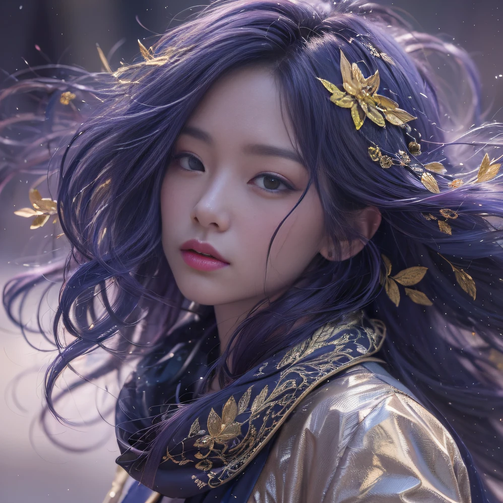 Genki Girl 32K（tmasterpiece，k hd，hyper HD，32K）Long flowing bright purple hair，Autumn Pond，zydink， a color， Asian people （Genki girl）， （Silk scarf）， Combat posture， looking at the ground， long whitr hair， Floating bright purple， Fire cloud pattern gold tiara， Chinese long-sleeved gold silk garment， （Abstract metaverse splash：1.2）， white backgrounid，Lotus vitality protector（realisticlying：1.4），Bright purple hair，Smoke on the road，The background is pure， A high resolution， the detail， RAW photogr， Sharp Re， Nikon D850 Film Stock Photo by Jefferies Lee 4 Kodak Portra 400 Camera F1.6 shots, Rich colors, ultra-realistic vivid textures, Dramatic lighting, Unreal Engine Art Station Trend, cinestir 800，A girl with long flowing bright purple hair