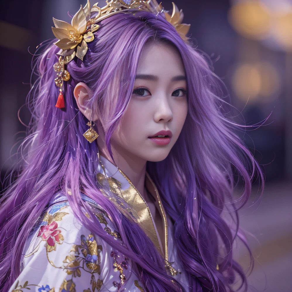 Genki Girl 32K(tmasterpiece,k hd,hyper HD,32K)Long flowing bright purple hair,Autumn Pond,zydink, a color, Asian people (Genki girl), (Silk scarf), Combat posture, looking at the ground, long whitr hair, Floating bright purple, Fire cloud pattern gold tiara, Chinese long-sleeved gold silk garment, (Abstract metaverse splash:1.2), white backgrounid,Lotus vitality protector(realisticlying:1.4),Bright purple hair,Smoke on the road,The background is pure, A high resolution, the detail, RAW photogr, Sharp Re, Nikon D850 Film Stock Photo by Jefferies Lee 4 Kodak Portra 400 Camera F1.6 shots, Rich colors, ultra-realistic vivid textures, Dramatic lighting, Unreal Engine Art Station Trend, cinestir 800,A girl with long flowing bright purple hair