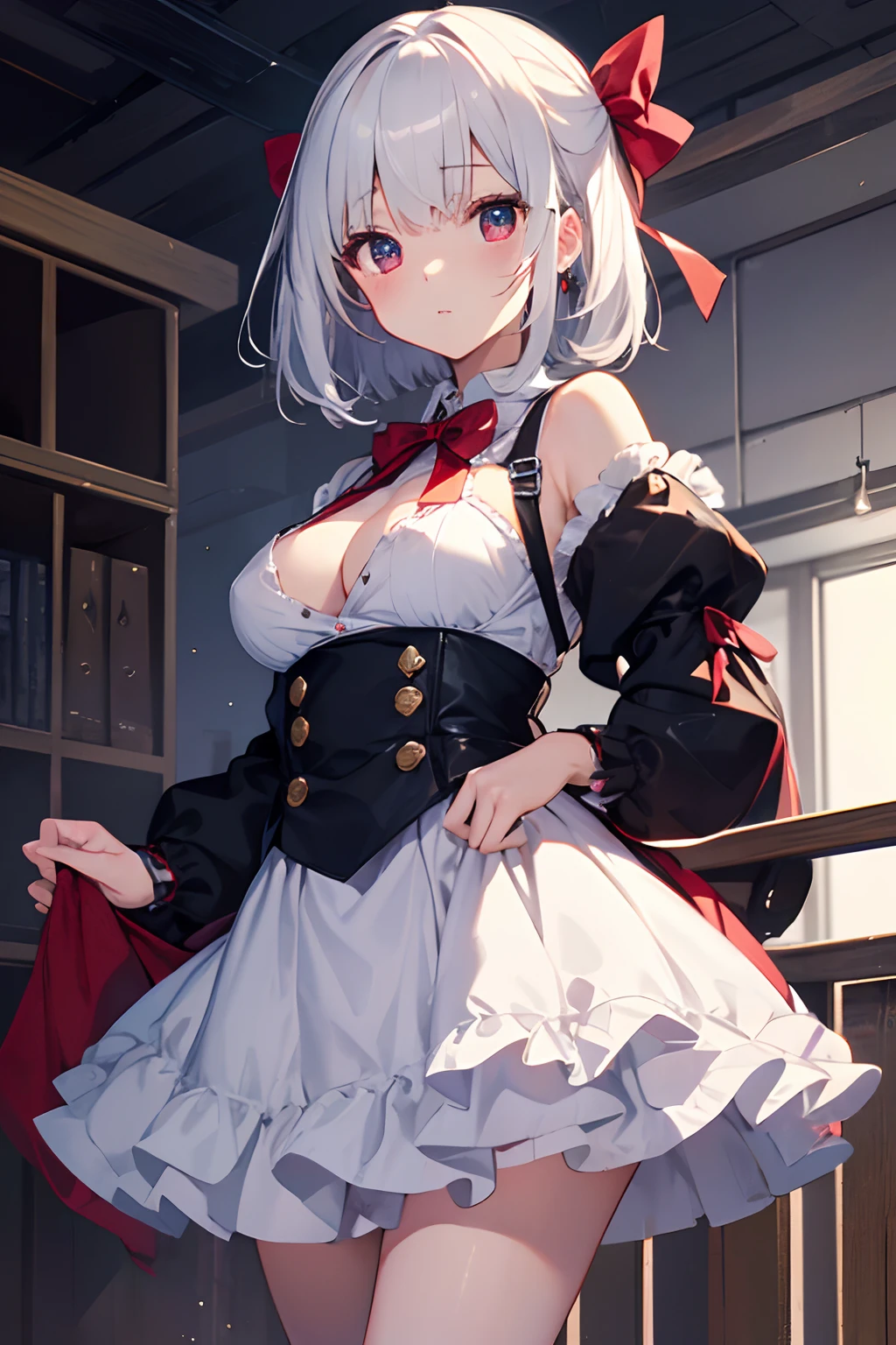 White hair、Bob Hair、teens girl、clean breasts、Full-fledged breasts、is standing、Blue and red eyes、bow ribbon、skirt by the、Niso、samsara