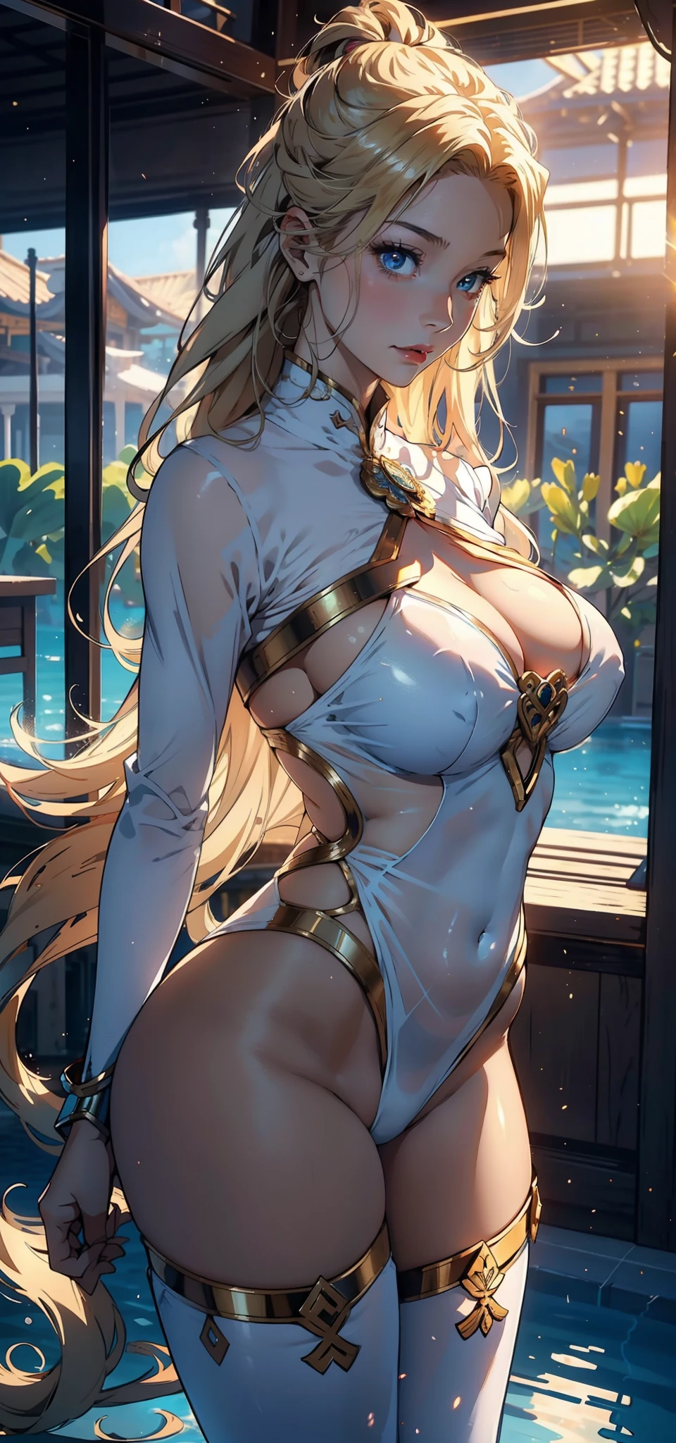 1female,35yo,A MILF,plumw,extremely large bosom, 独奏,(Background with:A desert,lotus flower,pools of water) She has long blonde hair,Long flowing hair,Stand on the plane,,seen from the front, hair straight, mostly cloudy sky,(((tmasterpiece),(Very detailed CG unity 8K wallpaper),best qualtiy,cinmatic lighting,detailed back ground,beatiful detailed eyes,Bright pupils,Blue eyes,(Very fine and beautiful),(Beautiful and detailed eye description),ultra - detailed,tmasterpiece,))Redlip,facing at camera,A high resolution,ultra - detailed),revealing breasts,Bare genitalia, Bulge,legs are open,Raised sexy,Camel toes,Flushed complexion,Desire for dissatisfaction,frontage,,Gold Saint Seiya(Wearing:校服,sailor uniformm,White transparent pantyhose,Bare breasts)Nordic style