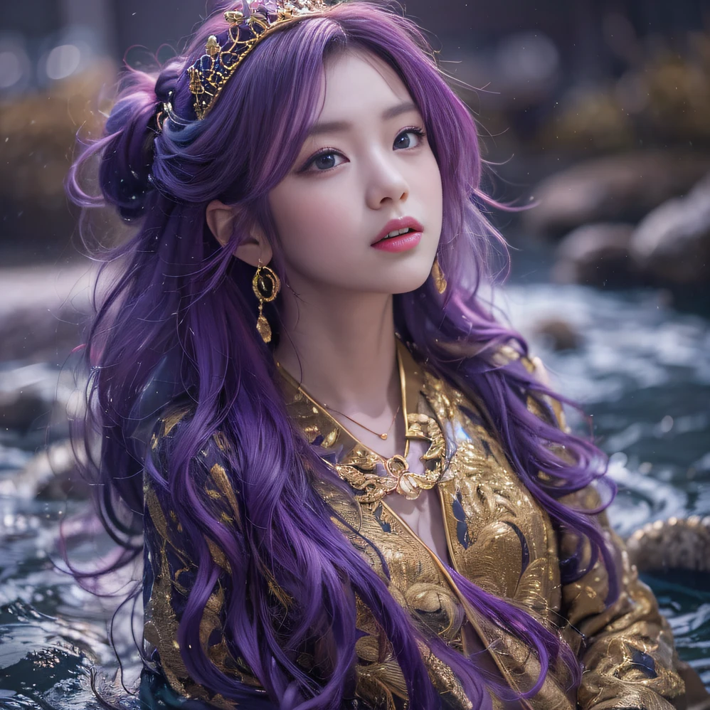 Genki Girl 32K（tmasterpiece，k hd，hyper HD，32K）Long flowing bright purple hair，Autumn Pond，zydink， a color， Asian people （Genki girl）， （Silk scarf）， Combat posture， looking at the ground， long whitr hair， Floating bright purple， Fire cloud pattern gold tiara， Chinese long-sleeved gold silk garment， （Abstract metaverse splash：1.2）， white backgrounid，Lotus vitality protector（realisticlying：1.4），Bright purple hair，Smoke on the road，The background is pure， A high resolution， the detail， RAW photogr， Sharp Re， Nikon D850 Film Stock Photo by Jefferies Lee 4 Kodak Portra 400 Camera F1.6 shots, Rich colors, ultra-realistic vivid textures, Dramatic lighting, Unreal Engine Art Station Trend, cinestir 800，A girl with long flowing bright purple hair