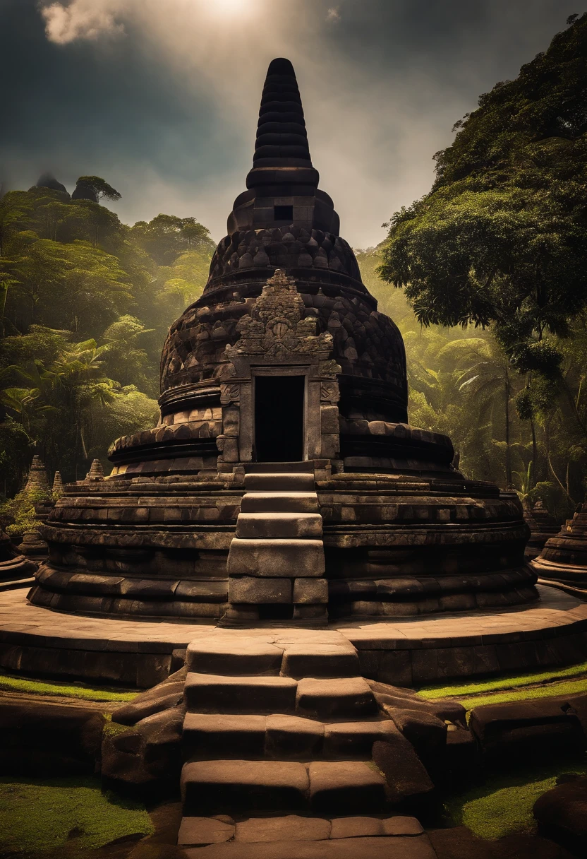 Bali Indonesian Temple Candi Borobudur, The lost city seen among the trees of a dense forest, uma grande piramide dourada brilhando com a luz do sol, fotografia realista.