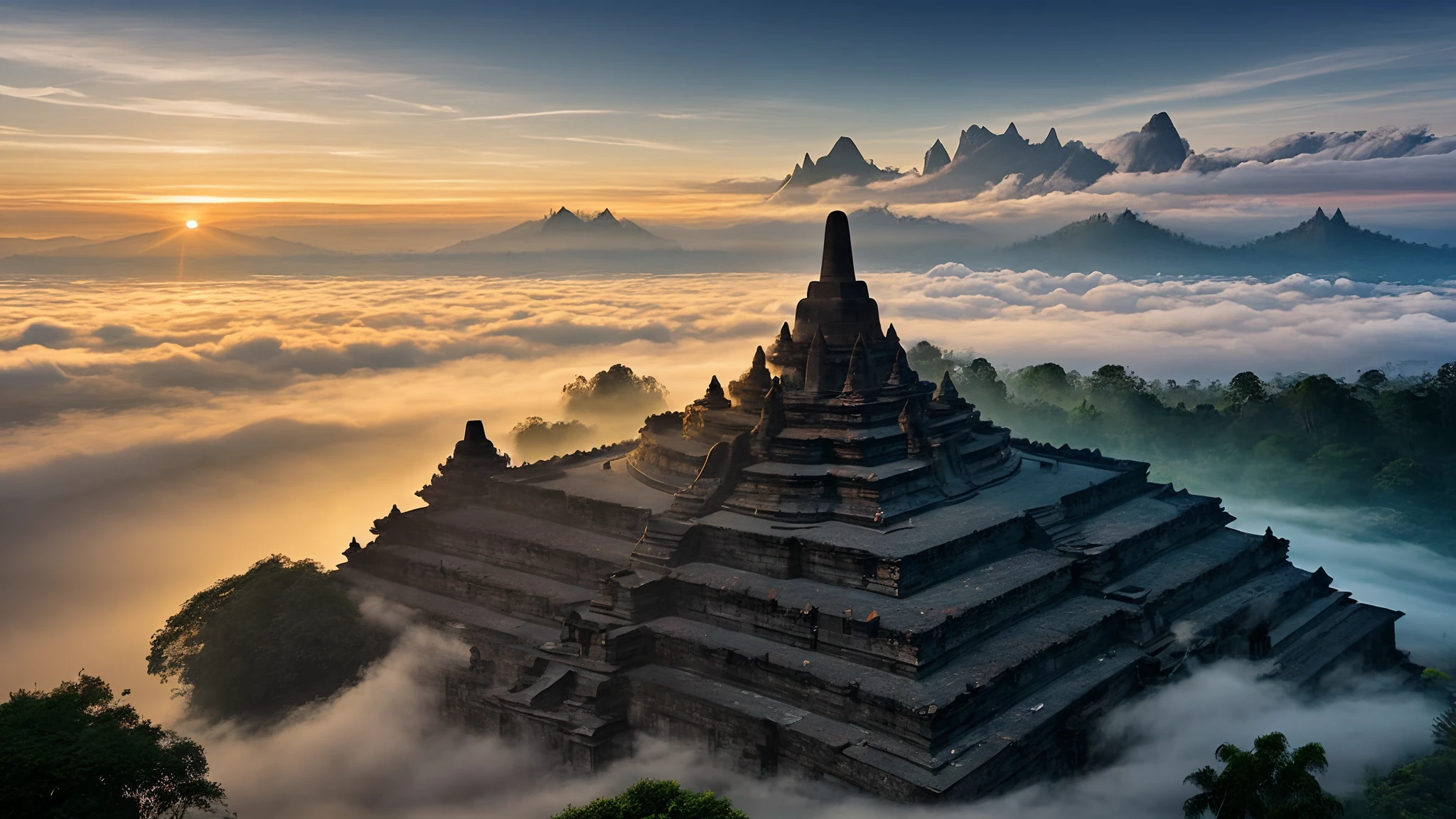 portrait of candi buddha building complex, epic, fog, dawn, dramatic lighting, dim light, mountains, forest, cliff,  advntr