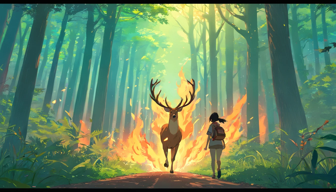 A afraid deer run in forest, hudge fire in forest, forest burned out, running all animals, elephant, deer, jackle, lion, tiger, Birds, parrot, crow, peacock, hud hud bird, dark cloudy environment, morden anime style