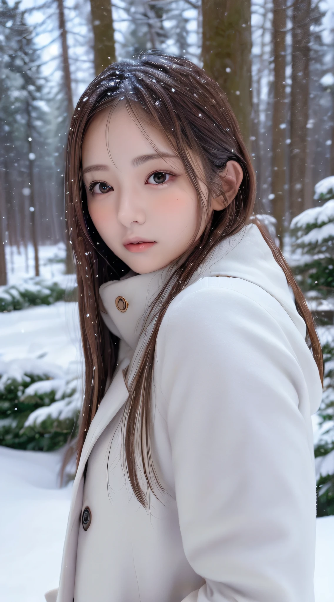 1womanl, (up of face:2.0), light brown hair, Blunt bangs, hair behind ear, hair over shoulder, Long hair, Ultra Fine Face, Thin face, Delicate lips, (beautidful eyes:1.5), thin blush, eyes are light brown,View here, Ultra-thin hands, Ultra-fine fingers, best ratio four finger and one thumb, white longcoat, muffler , gloves、Coniferous forest with heavy snowfall, It's snowing .One-person viewpoint, 8K, masutepiece, nffsw, Super Detail, High quality, Best Quality, hight resolution,