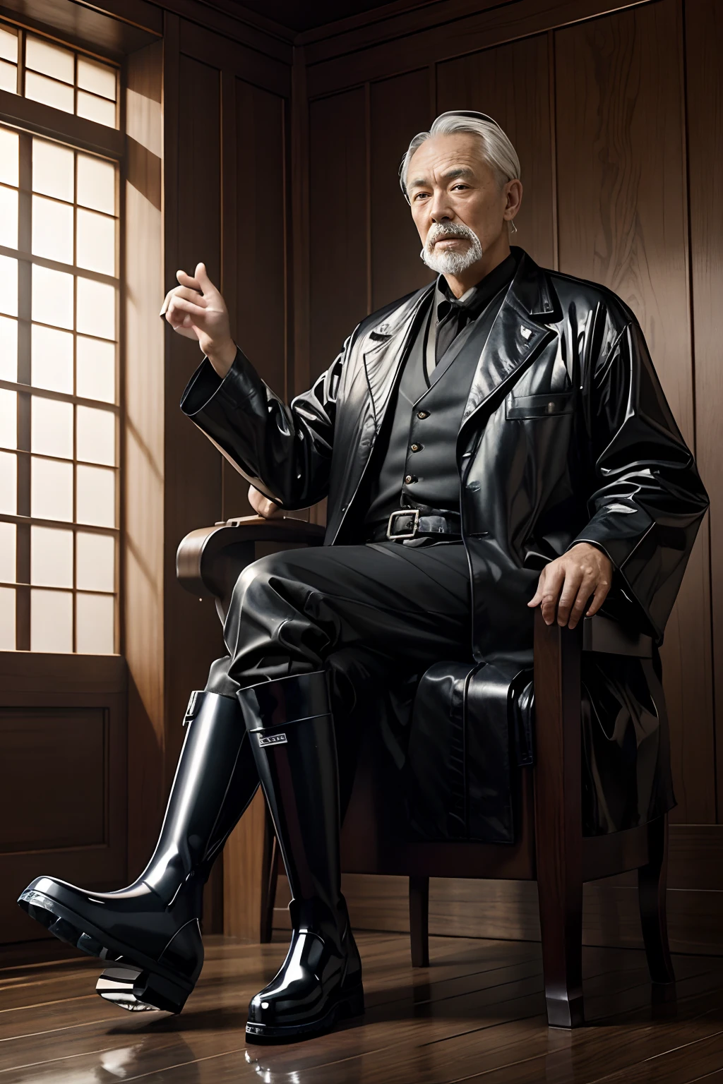 Old gentleman with a goatee，sit on chair，Black high-gloss rain boots, 8K分辨率,Wallpaper masterpiece，Best quality，Highly meticulous，Ultra high quality，The midday sun is a bit dazzling。