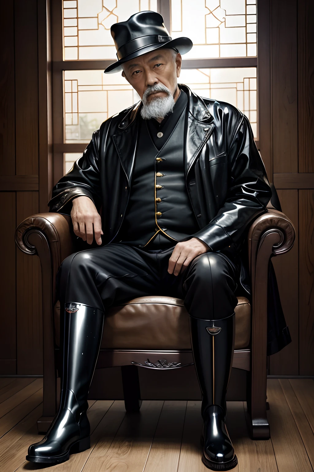 Old gentleman with a goatee，sit on chair，Showing off his boots，Black high-gloss rain boots, 8K分辨率,Wallpaper masterpiece，Best quality，Highly meticulous，Ultra high quality，The midday sun is a bit dazzling。