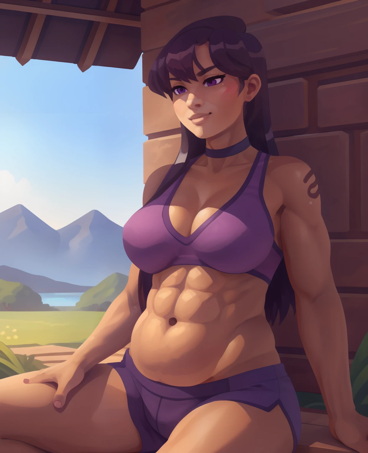 (Detailed eyes and skin), ultra high res, adsurdres, (((vibrant colours))), bright colours, 1girl, human, human skin colour, solo, heart-shaped pupils, (Heart-shaped pupils:0.9), fingernails, (blush:1.1)(speed lines:1.1)((heavy breathing:1.3)) purple long hair, purple eyes, smug face, choker, cute top, gym top, revealing, shoulder cut dress, shoulders visible, cleavage visible, (underboobs visible), cleavage cutout, underboobs, midriff, abs, slight muscles, light muscular, Showing the belly, light muscles, (((muscular abs))), bloated abs, bulging abs, bloated belly, bulging belly, bloated belly with a silhouette of visible abs, slim waist, thin back, accurate belly button, accurate lower belly, (((abs))), (((accurate belly button))), round belly, panty strings, gym shorts, thighs, clean body, sexy pose, aroused, arousing, background is an alley in a garden, detailed sunlight, sitting, dappled sunlight, day, depth of field, plants, summer, (dutch angle), kipteitei, dappling sunlight, Background Chinese Antiquity、thatched hut、springtime、jungles、lakes、hole in the mountains、waterfallr,The tree、grassy fields、Rochas、hot onsen、hydrosphere、(illustratio:1.0)、Epic composition、Realistic lighting、high definition detail、tmasterpiece、Best quality,(非常详细的 CG 统一 8k 壁纸), by (by Pino Daeni, (by ruaidri), yupa, kiyosan), detailed background, anime, (dark shadows, wide dynamic range, hdr, low light:1.2).