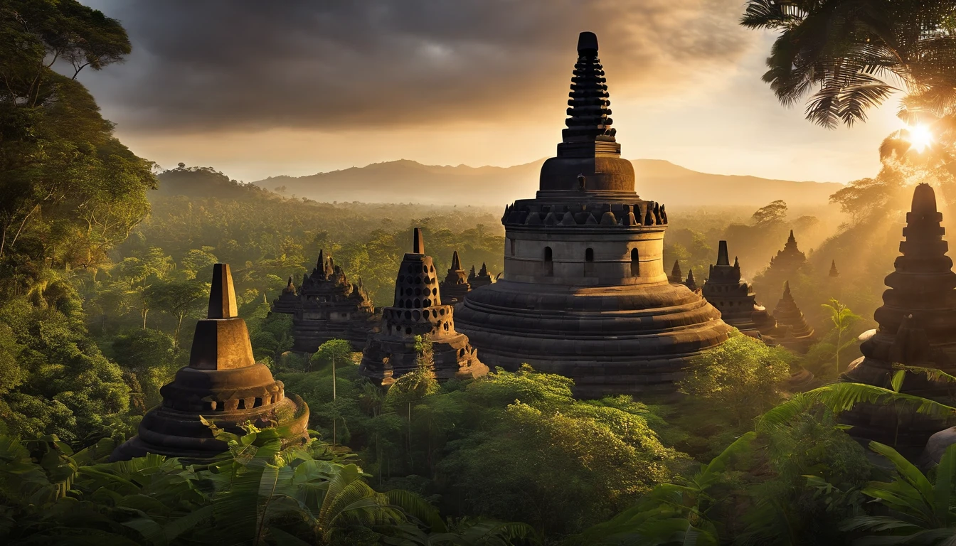 Bali Indonesian Temple Candi Borobudur Ultra Definition Graphics Gender Render, The lost city seen among the trees of a dense forest, uma grande piramide dourada brilhando com a luz do sol, fotografia realista.