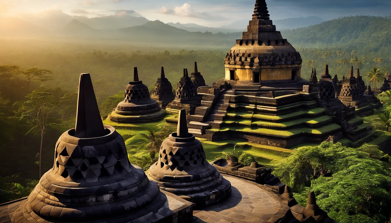 Bali Indonesian Temple Candi Borobudur Ultra Definition Graphics Gender Render, The lost city seen among the trees of a dense forest, uma grande piramide dourada brilhando com a luz do sol, fotografia realista.